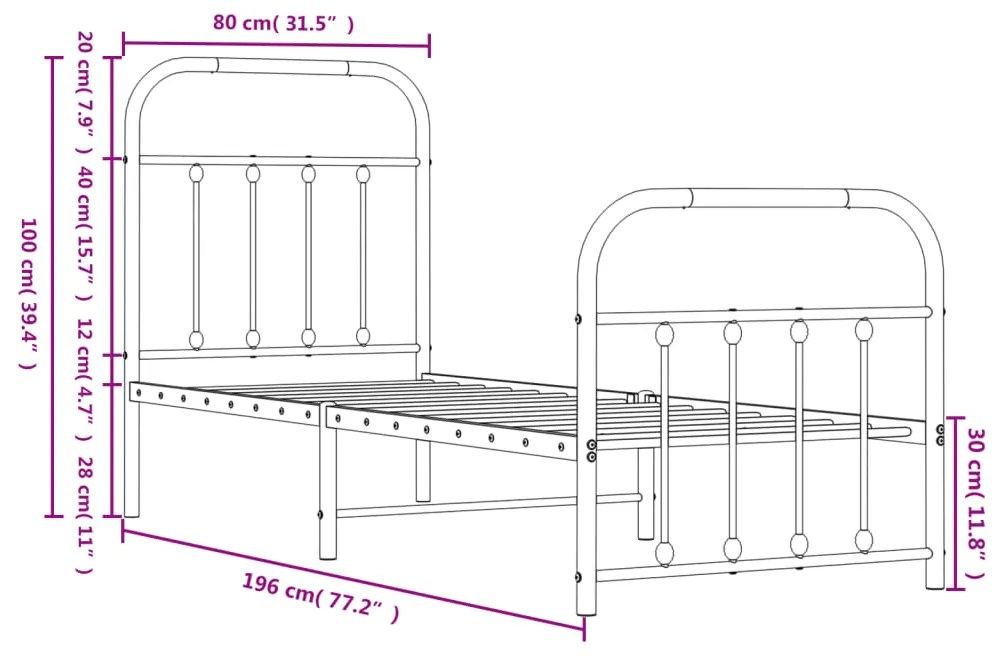 Estrutura de cama com cabeceira e pés 75x190 cm metal preto