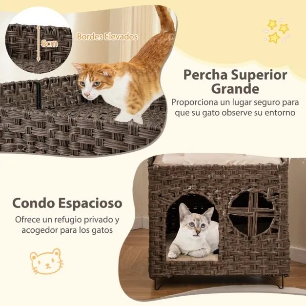 Casa de rattan para gatos de 2 andares com caverna escondida, plataforma superior e 2 almofadas macias castanho.