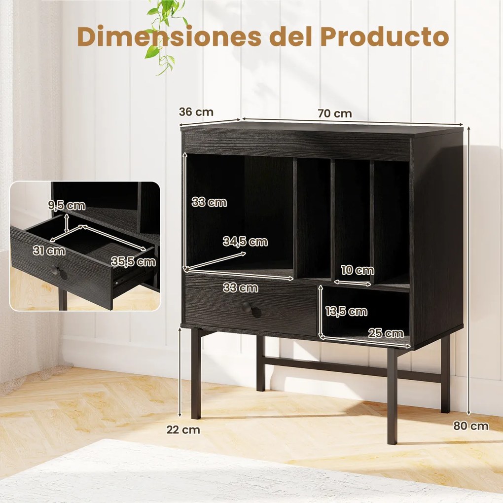 Suporte grande para gira-discos e discos de vinil de meados do século com compartimentos abertos para álbuns Preto