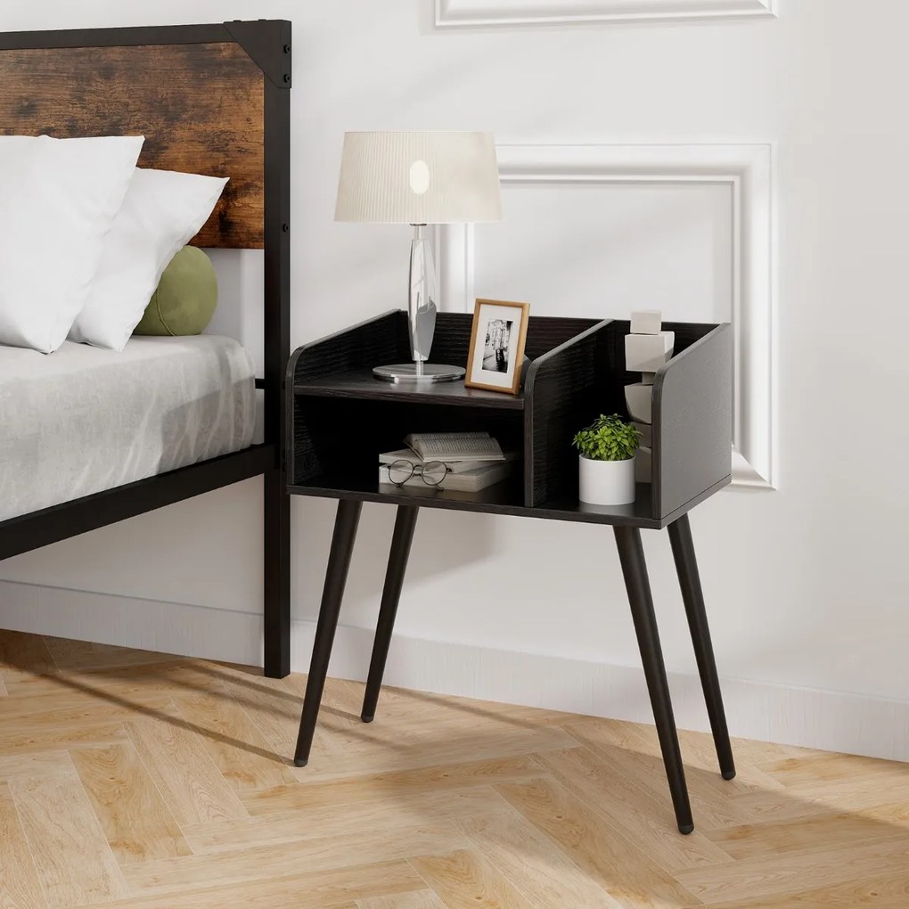 Mesa de cabeceira moderna de 2 níveis, estilo meados do século, para sala de estar, quarto, conjunto de 2 peças, preta