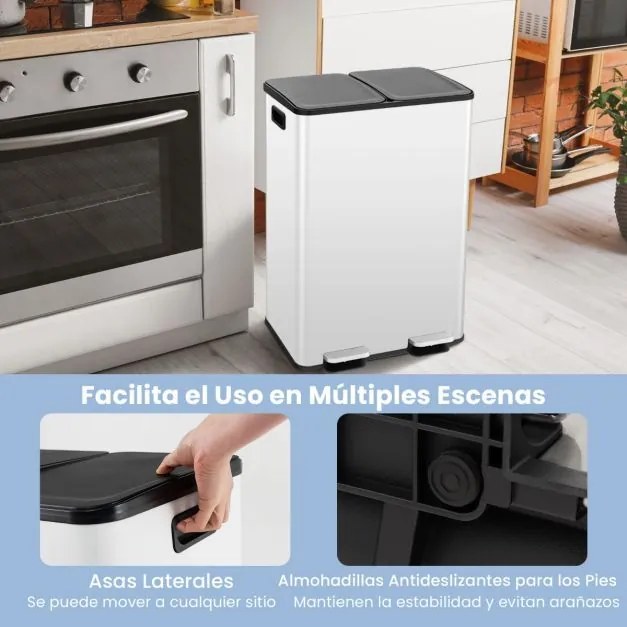 Caixote do lixo com 2 compartimentos 30L Tampas de fecho suave Tampas de fecho suave Baldes interiores de plástico - Branco