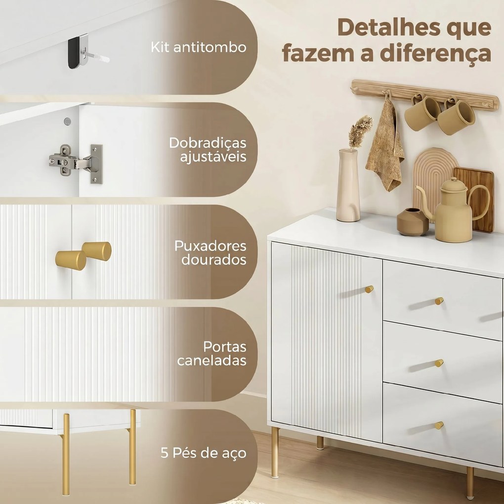 Aparador Moderno de 2 Portas Aparador de Sala com 3 Gavetas Prateleiras Ajustáveis Branco 120x39,1x76 cm