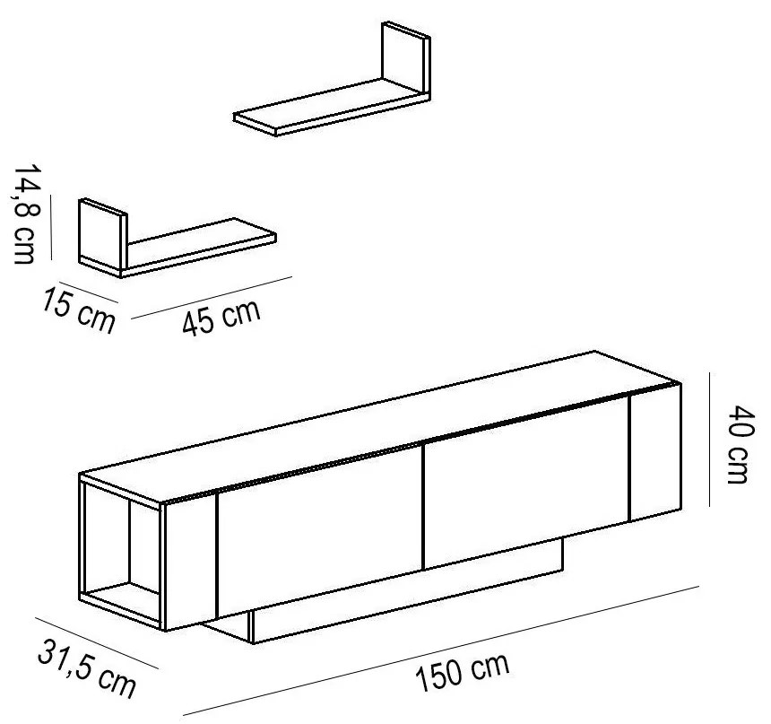 Móvel de TV "Ekol" com Prateleiras de Parede – Branco - 150x31.5x40 cm