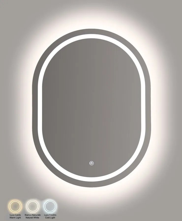 ESPELHO DE PAREDE LED OVAL 60X3,5X80 CM (3 CORES DE LUZ) PRATEADO