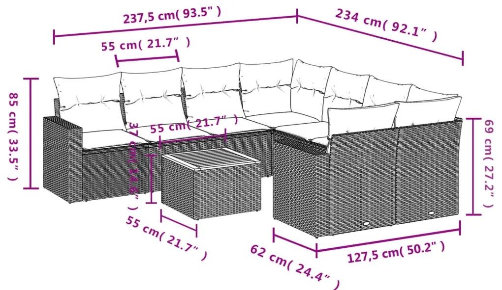 9 pcs conjunto sofás p/ jardim com almofadões vime PE cinzento