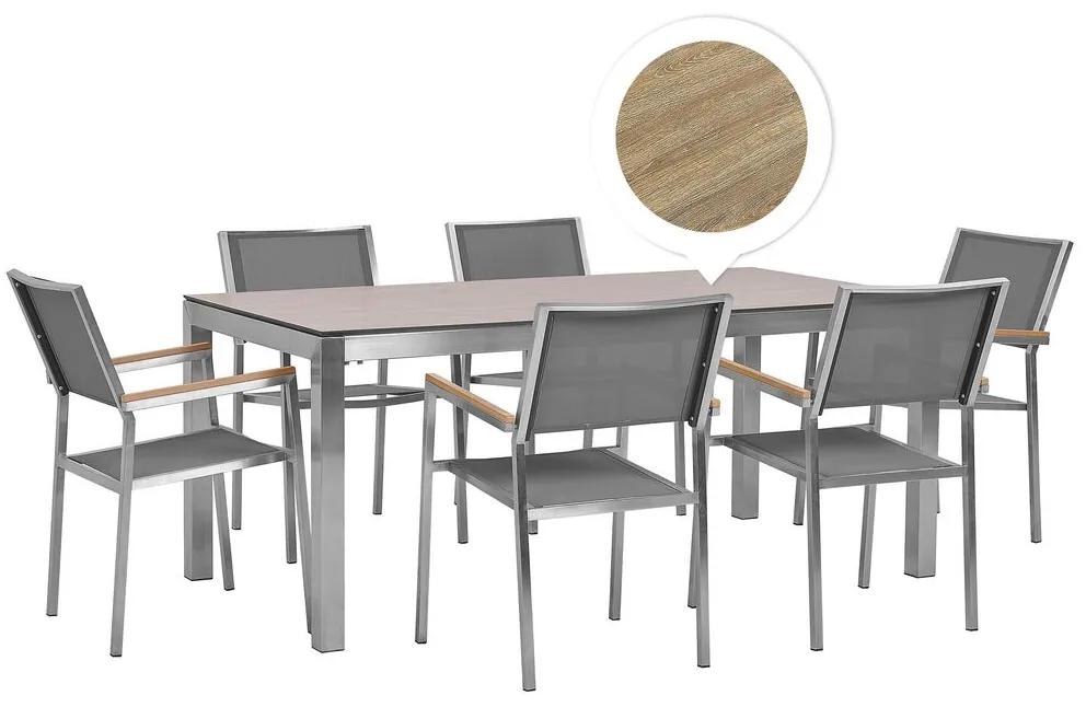 Conjunto de mesa com tampo efeito madeira 180 x 90 cm e 6 cadeiras em tecido cinzento GROSSETO Beliani