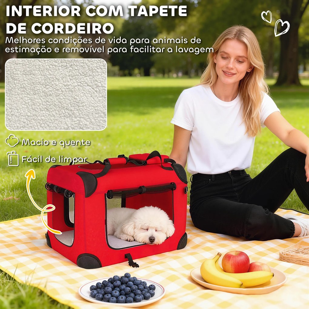 Transportadora Dobrável para Cães 60x41,5x41 cm com Janelas de Rede, Almofada Macia e 2 Alças para Mini Cães e Gatos Vermelho