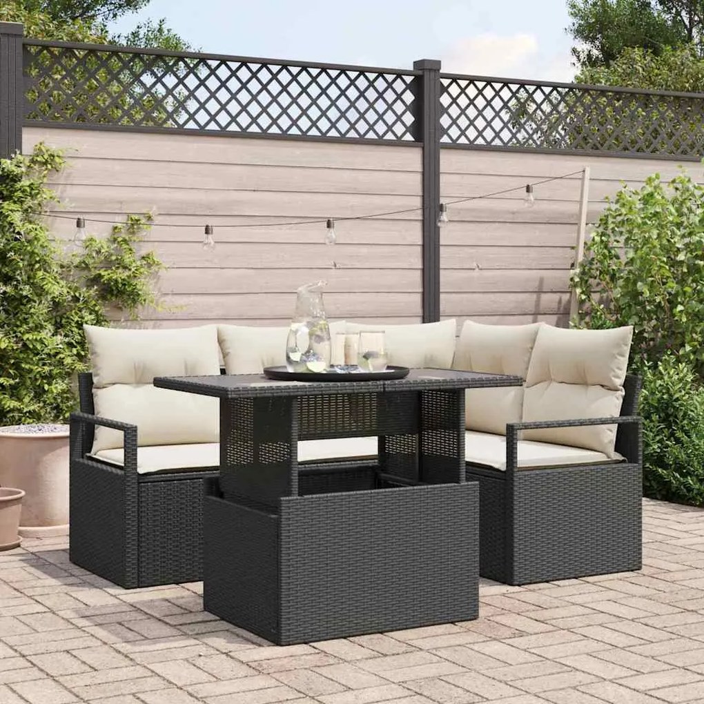 Conjunto de Sofá de Jardim VidaXL 5 Peças com Almofadas Rattan Preto