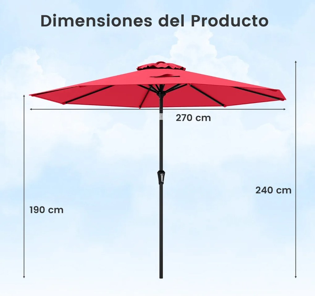 Guarda-sol jardim de 270 cm com 8 varas robustas, toldo ventilado resistente com inclinação por botão Vermelho