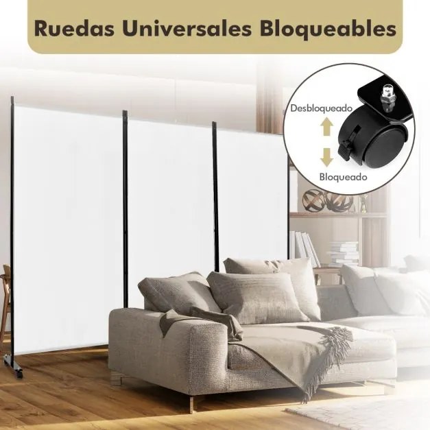 Biombo com 3 Paineis com rodas Altura 180cm Divisória para salas de escritório, casa Branco