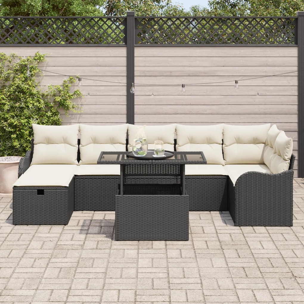 Conjunto de Sofás de Jardim de 8 Peças com Almofadas Preto Rattan Poly