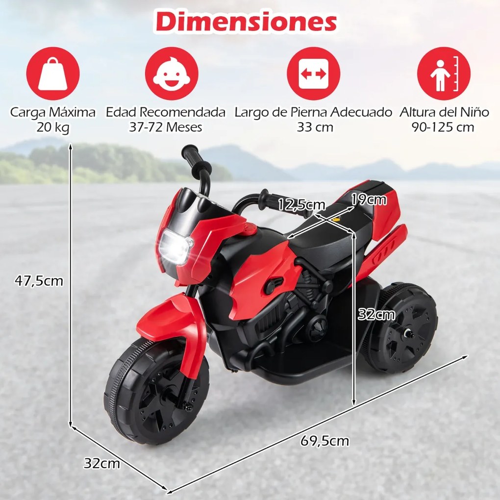 Mota elétrica 6V para crianças com sons, luzes LED, rodas antiderrapantes, botão de arranque para 1-3 anos, Vermelha