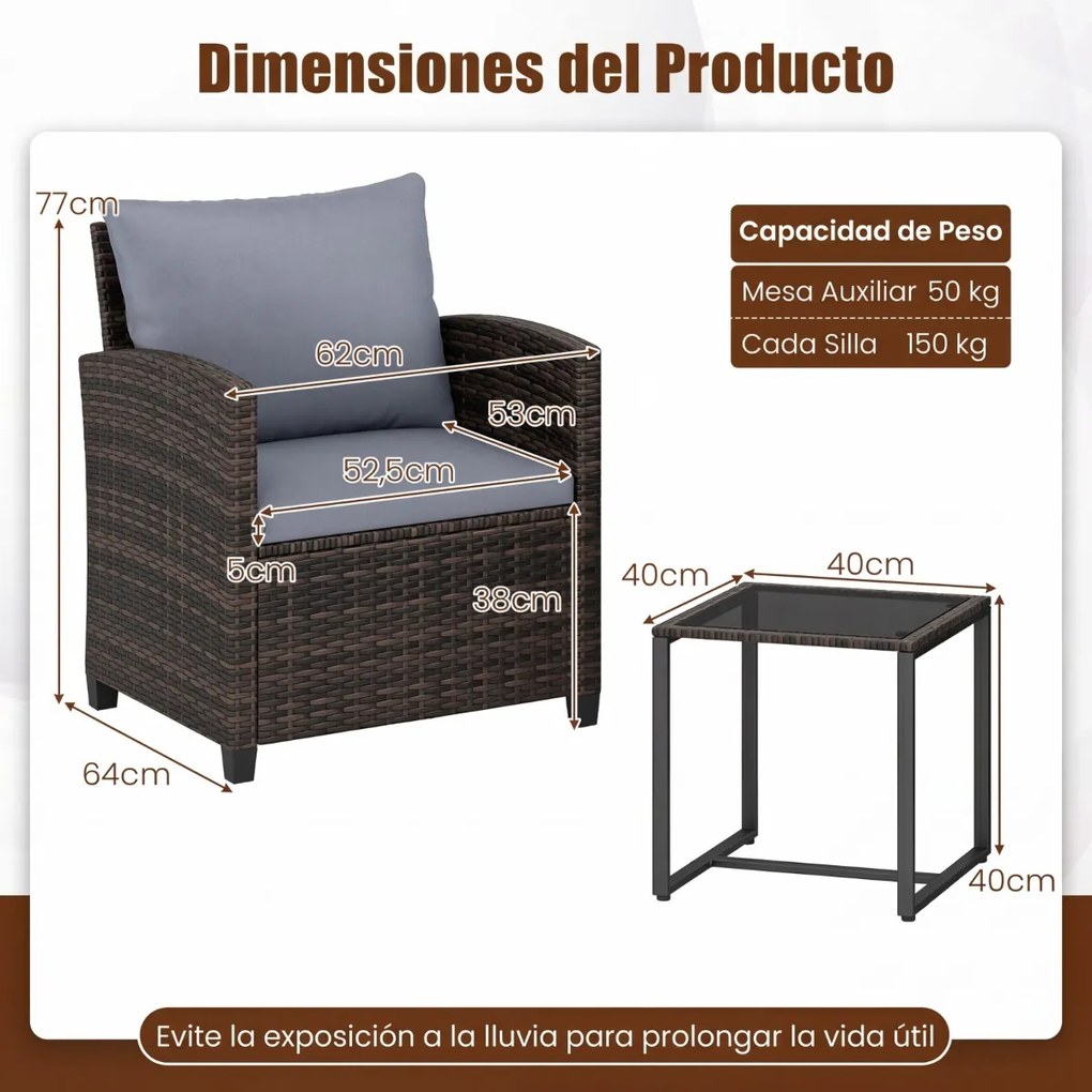 Conjunto de 3 móveis de rattan para jardim, com 2 cadeiras, mesa de vidro e almofadas pretas com capas removíveis, para jardim, terraço ou piscina Cas