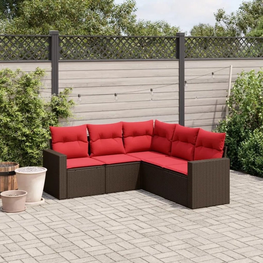 vidaXL 5 pcs conjunto sofás p/ jardim c/ almofadões vime PE castanho