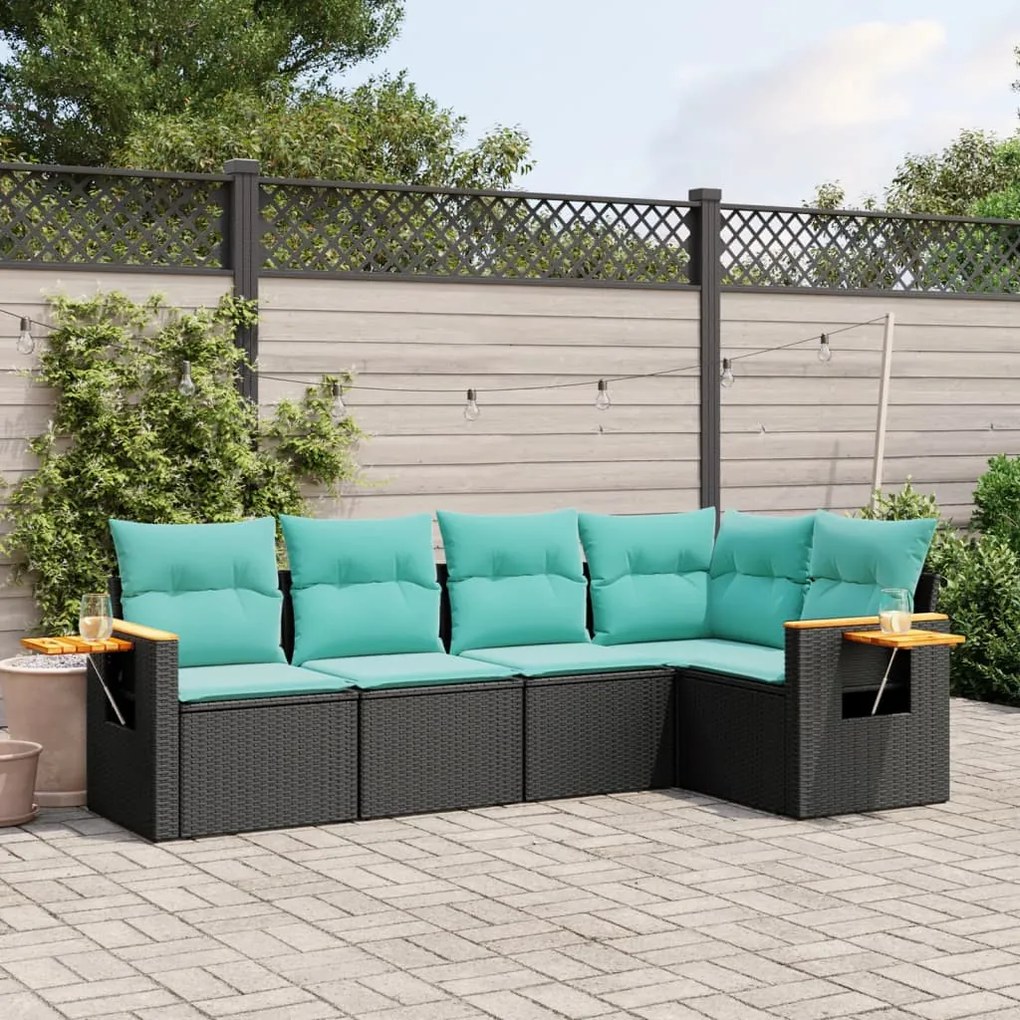 5 pcs conjunto de sofás p/ jardim c/ almofadões vime PE preto