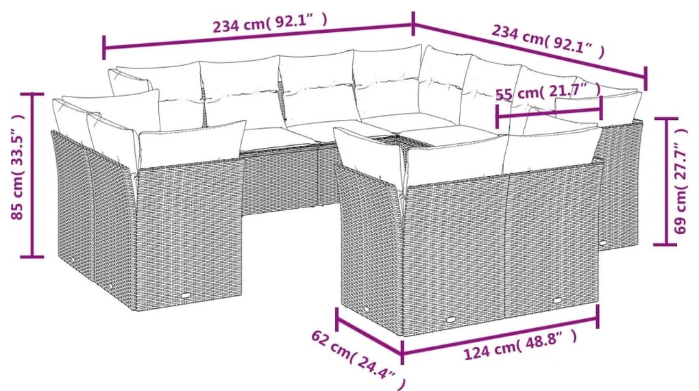 11 pcs conjunto sofás de jardim c/ almofadões vime PE bege