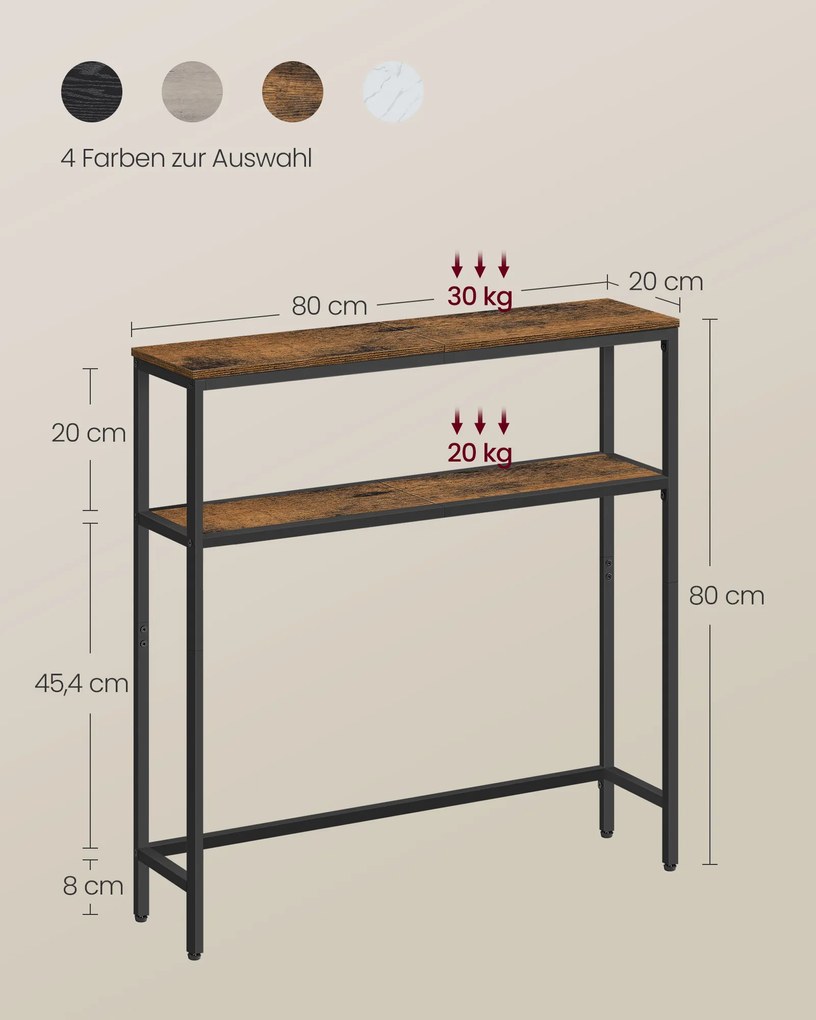 Mesa consola estreita com 2 prateleiras 20 x 80 x 80 cm Preto e Castanho Vintage