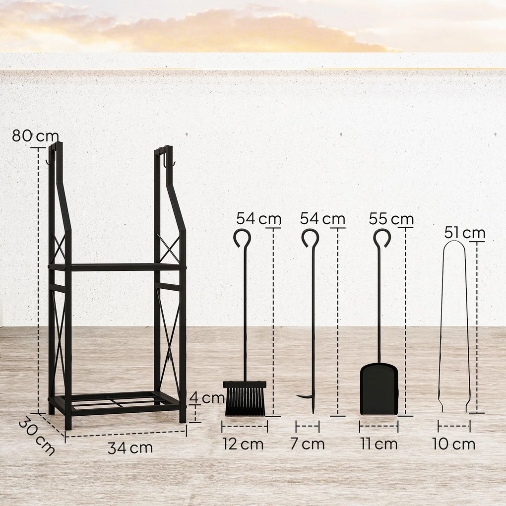 Suporte Metálico para Lenha 2 Níveis com 4 Ferramentas Ganchos e Base Elevada para Interior e Exterior 34x30x80 cm Preto