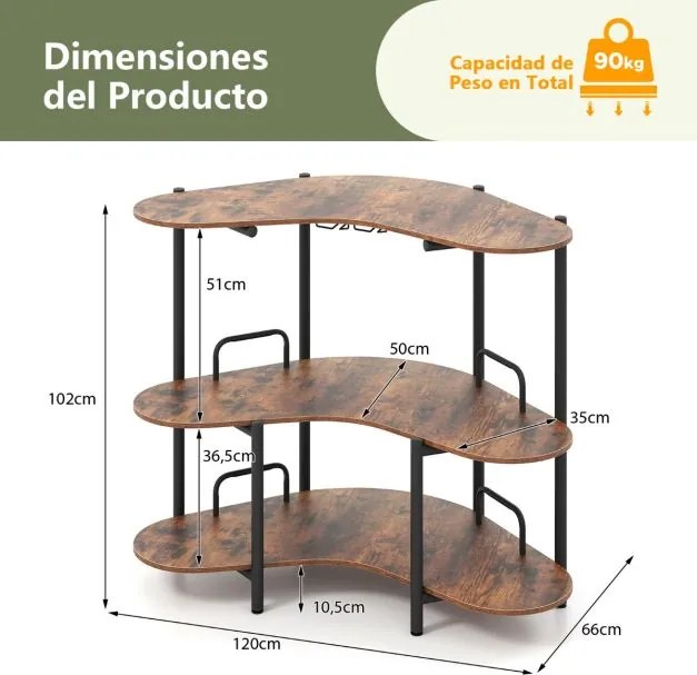 Mesa de Bar com Suportes para Copos e Estantes Bar Industrial com Estrutura Metálica 120 x 66 x 102 cm Castanho