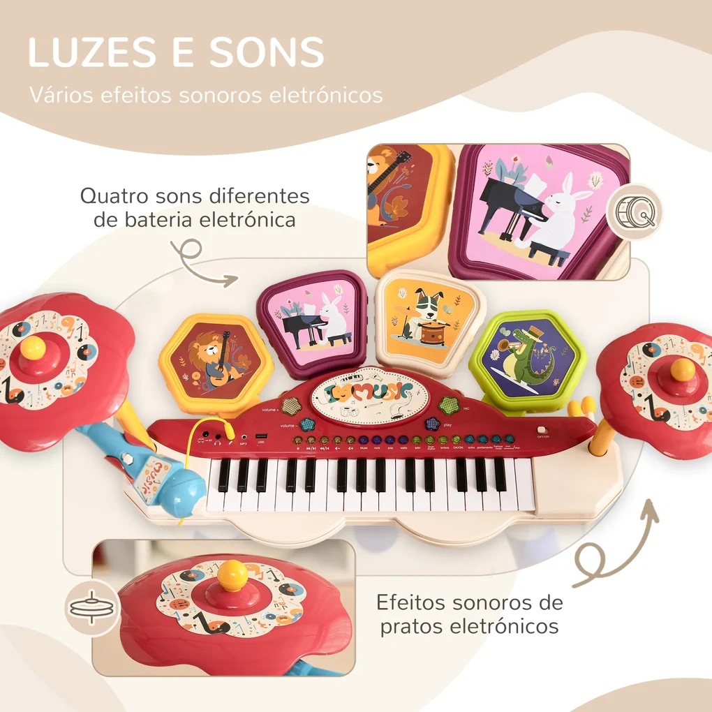 Piano Teclado Animal Infantil Sons Luz Eletrônico Criança