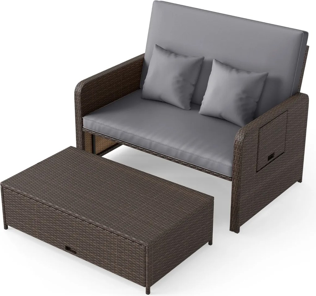 Cama de jardim ou conjunto de sofá de rattan para jardim, 2 peças, com pufe com espaço de arrumação, encosto ajustável e mesas dobráveis, cinzento