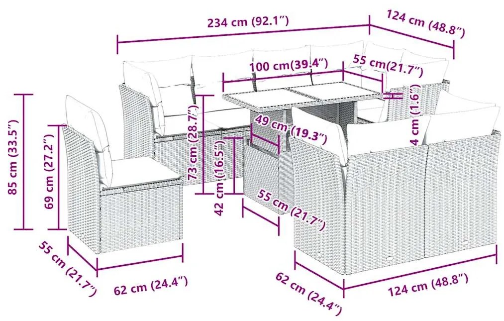 9 pcs conjunto sofás p/ jardim c/ almofadões vime PE castanho