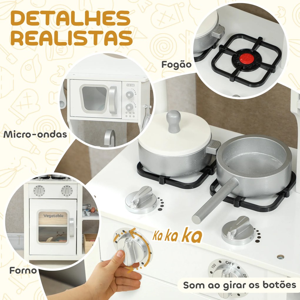 Cozinha de Brincar em Madeira com Som Acessórios Lava-Loiças Micro-Ondas e Fogão 55x24x86 cm Branco