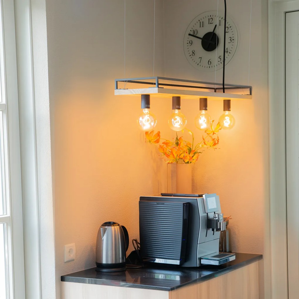 Candeeiro de suspensão industrial preto com madeira 4 luzes - Shelf