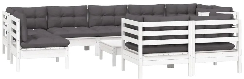 10 pcs conj. lounge de jardim c/ almofadões pinho maciço branco