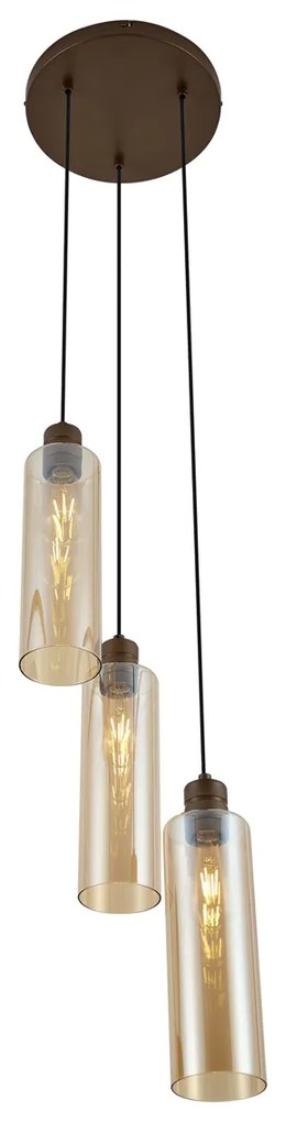 Candeeiro suspenso Hotel Chic bronze escuro com vidro âmbar 3 luzes - Stavelot