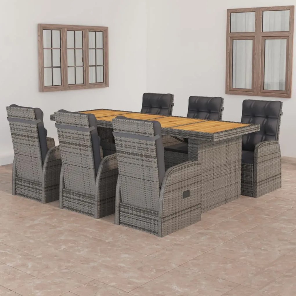 vidaXL 7 pcs conjunto jantar exterior com almofadões vime PE cinzento