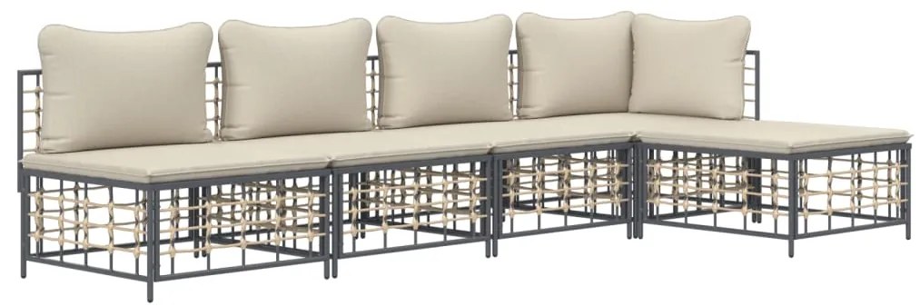 5 pcs conjunto lounge de jardim c/ almofadões vime PE antracite