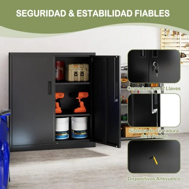 Armário de armazenamento metálico 80 x 40 x 91 cm com 2 portas com fechadura para garagem ou escritório com 2 prateleiras ajustáveis Preto