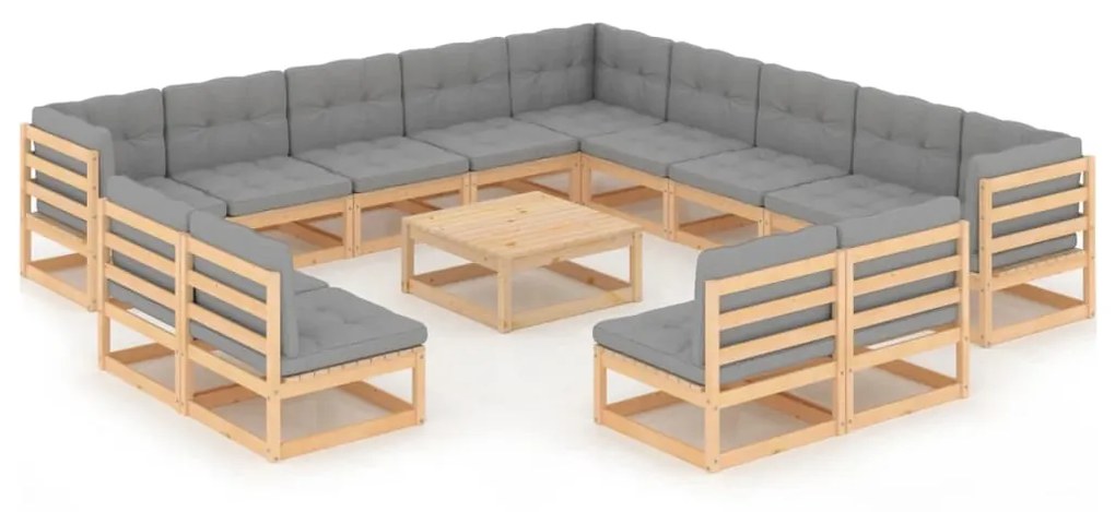 14 pcs conjunto lounge de jardim com almofadões pinho maciço