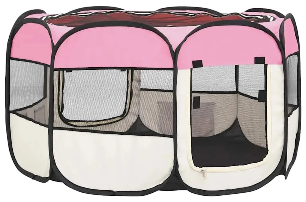 Parque dobrável p/ cão c/ saco de transporte 110x110x58cm rosa