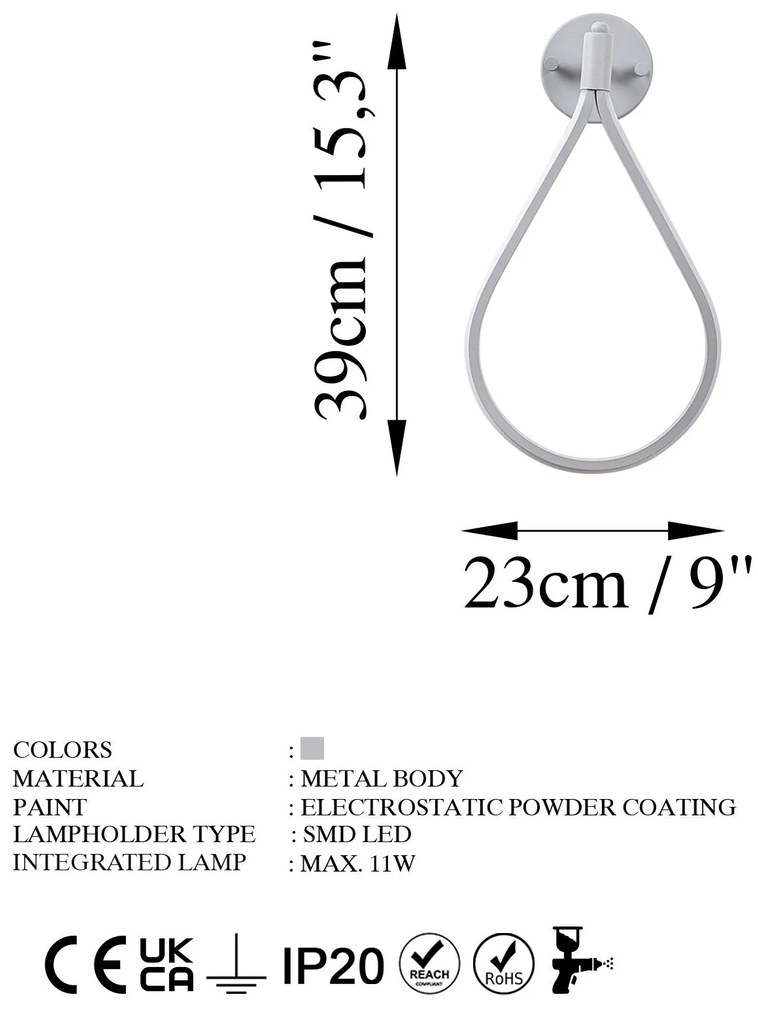 Aplique de Parede Damla – Cinza – 23 x 39 x 13 cm