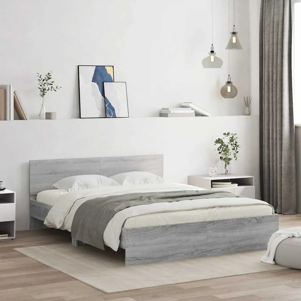Estrutura cama c/ cabeceira/luzes LED 150x200cm cinzento sonoma