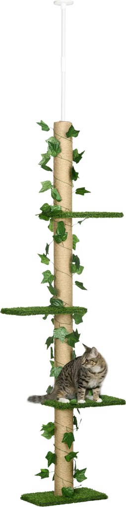 PawHut Árvore para Gatos do Chão ao Teto 37x21x202-242 cm com 4 Plataformas de Relva Artificial Folhas Artificiais e Poste Verde | Aosom Portugal