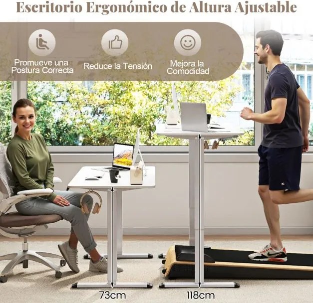 Secretária elétrica ajustável em altura 120 x 60 x 73-118 cm para trabalhar em pé e sentado com gancho para auscultadores Memória de alturas Branco