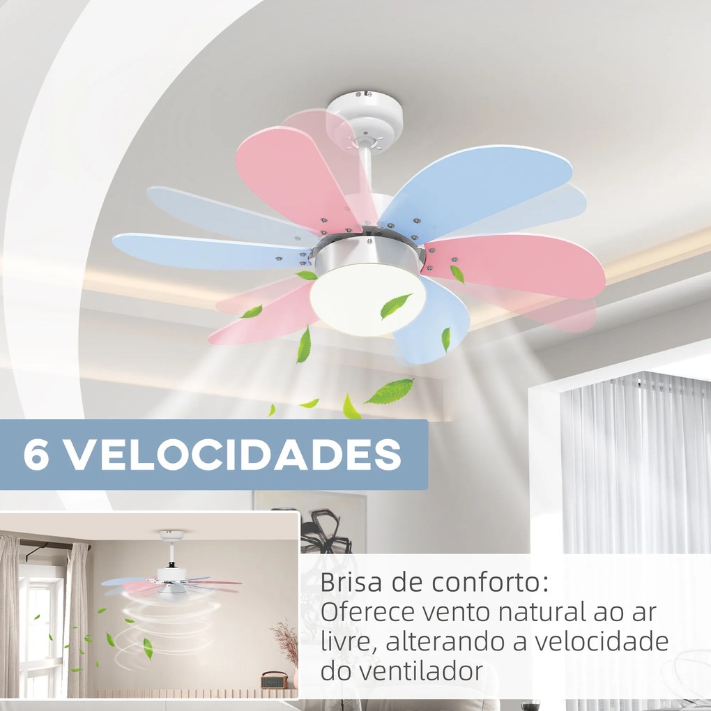 Ventoinha de Teto com Luz 34W Ø82,5 cm com 6 Lâminas Reversíveis Controlo Remoto 6 Velocidades e Temporizador Multicolor
