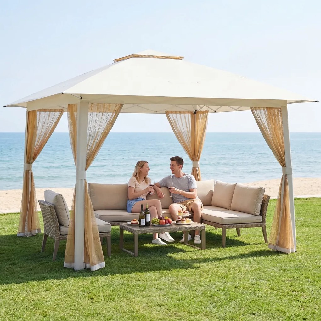 Tenda de Jardim Dobrável, 394 x 394 cm, Cobertura Dupla e Rede, Bege