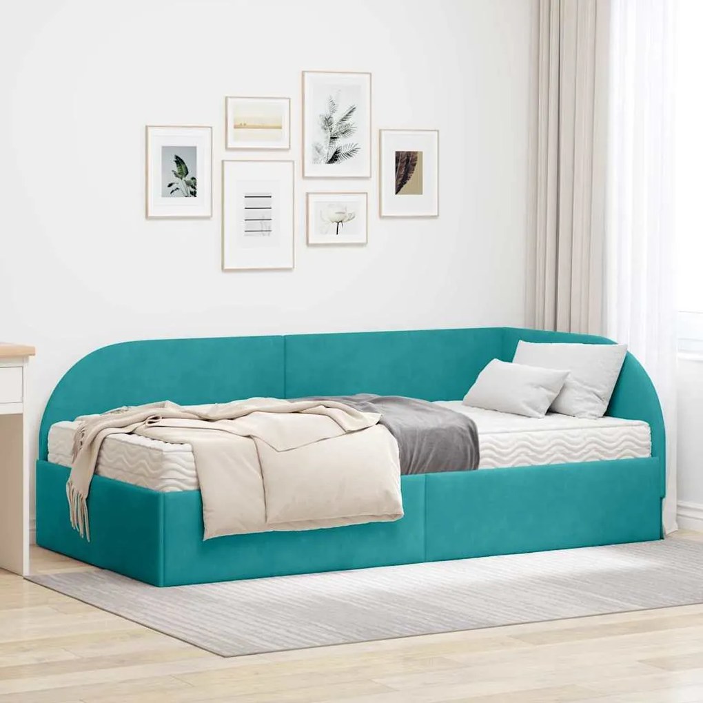 vidaXL Estrutura de Cama de Canto com Colchão 2 pcs Turquesa Veludo