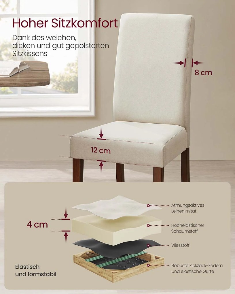 Conjunto de 2 cadeiras de sala de jantar com encosto alto e almofada confortável branco creme