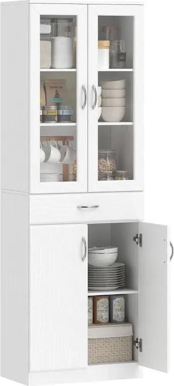 Armário de Cozinha 60x35x180 cm com 2 Armários e uma Gaveta, Prateleiras Reguláveis e Portas de Vidro Branco