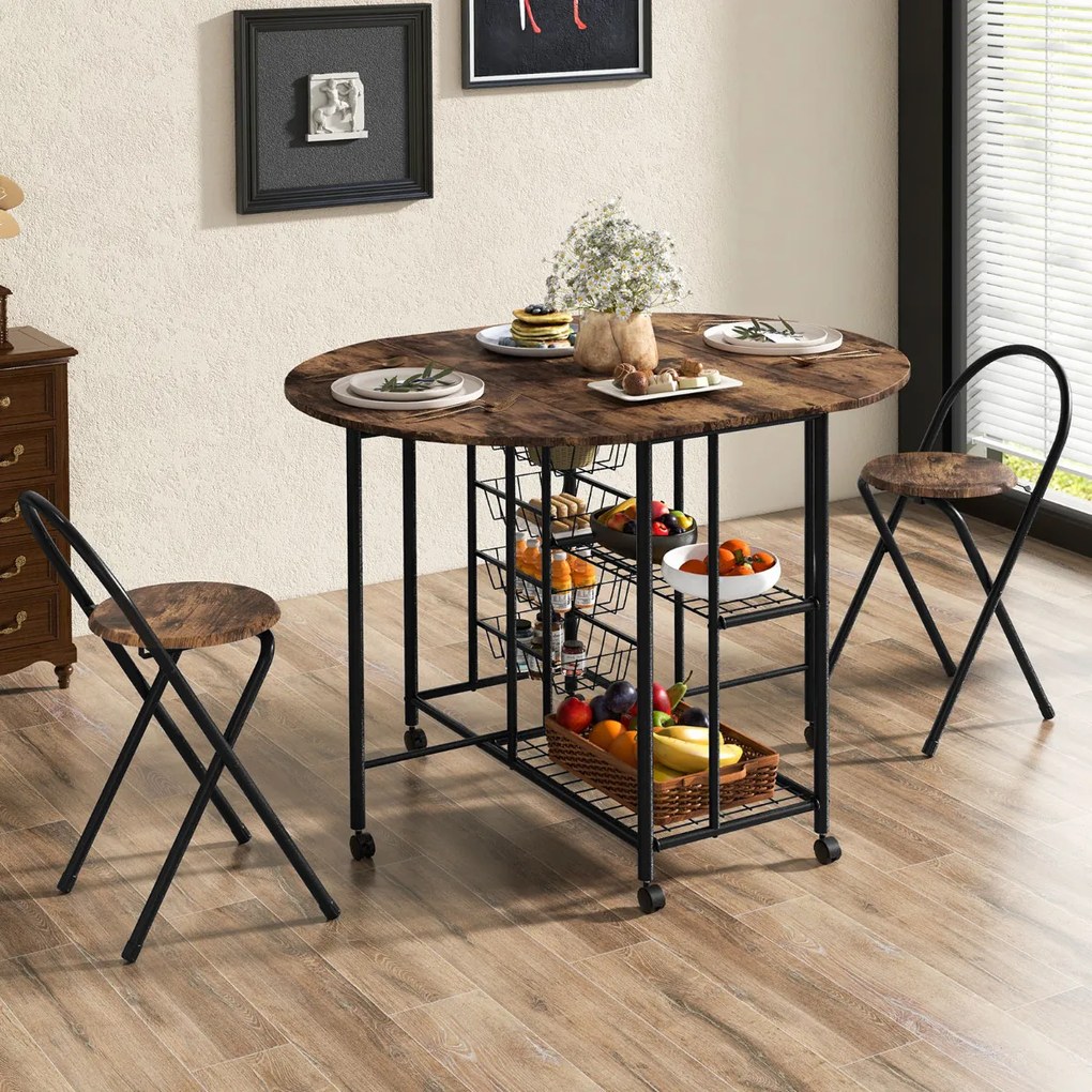 Conjunto de mesa e cadeiras dobráveis de 3 peças, mesa dobrável versátil com 2 prateleiras, 2 bancos para cozinha, sala de jantar, bar, Castanho Esc