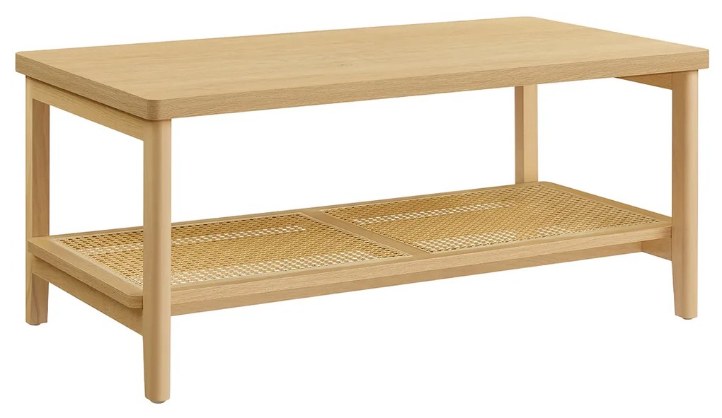 Mesa de centro VASAGLE de 2 níveis com armazenamento, mesa de centro para sala de estar, mesa com prateleira de armazenamento em rattan de PVC, cantos arredondados, estilo boho, carvalho bege LCT240Y57