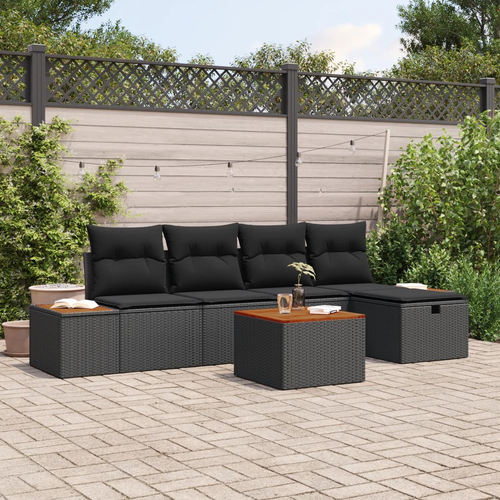 Conjunto de Sofá de Jardim de 6 Peças com Almofadas Preto Rattan Sinté