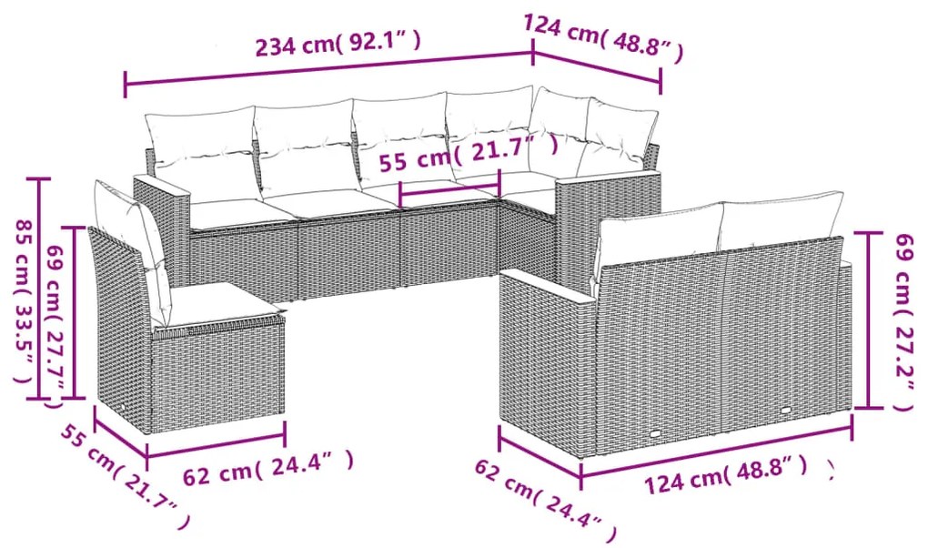 8 pcs conjunto sofás de jardim com almofadões vime PE preto