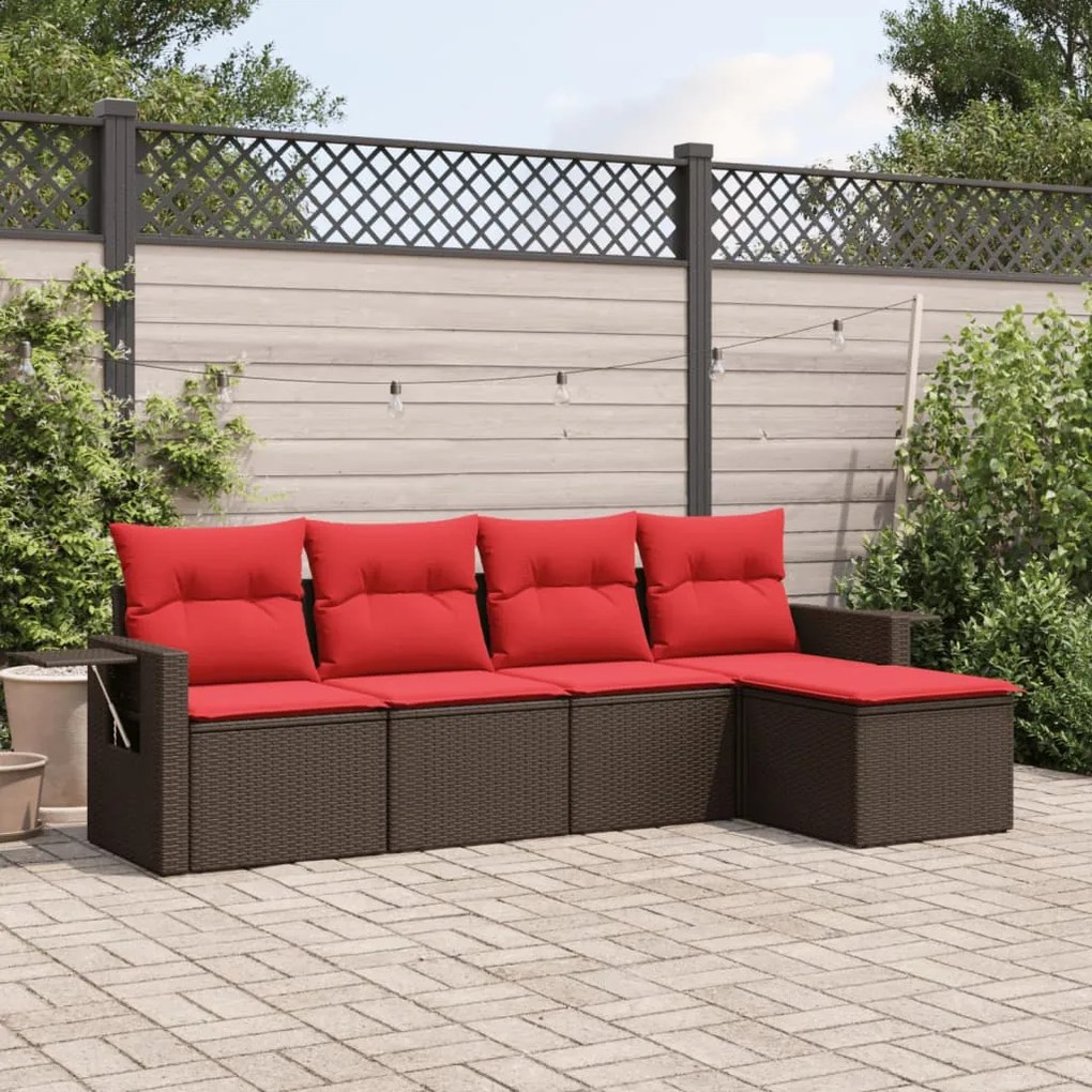 vidaXL 5 pcs conjunto sofás p/ jardim c/ almofadões vime PE castanho