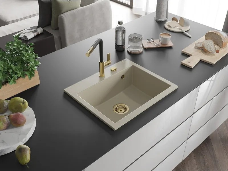 Mexen Oscar lava-louça de granito de 1 bacia 580 x 490 mm, bege, sifão dourado - 6519581000-69-G